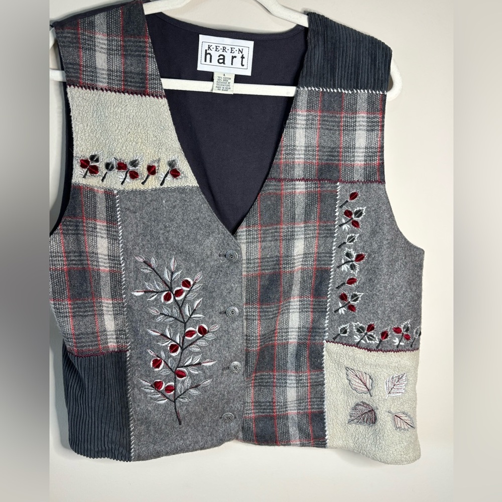KEREN hart‎ Charcoal and Crimson Embroidered Wool Vest with Metal buttons SZ L